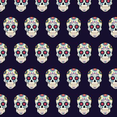 Seamless repeating pattern of skulls with patterns on dark background.