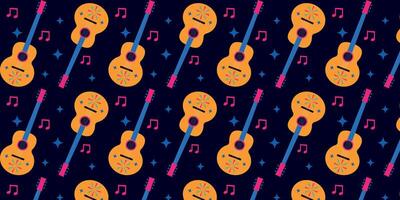 Seamless repeating pattern of mexican guitars on dark background. vector