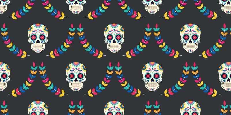 Seamless repeating pattern of mexican skulls with colorful branches.