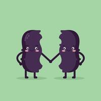 Cute cartoon kidney characters holding hands on green background with happy expressions and blushing cheeks illustration vector