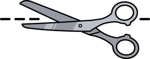 Scissors cutting along dashed line illustration in simple style with grey handles and blades vector