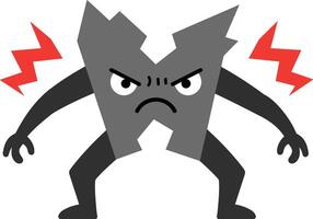 Broken angry cartoon lightning bolt illustration expressing frustration and tension with red stress marks vector