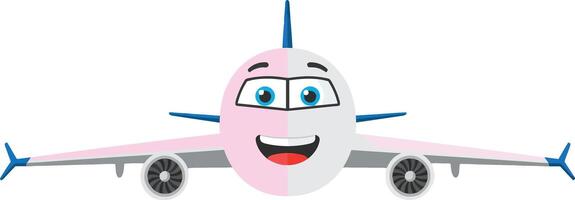 Airplane cartoon character with smiling face and blue eyes flying front view illustration vector