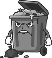 Angry garbage bin character with trash bags and open lid cartoon illustration vector
