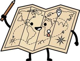 Animated smiling map character holding pencil with world exploration theme and location markers illustration vector