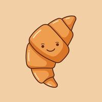 Croissant with smiling face illustration in simple style with beige background and shiny surface vector