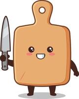 Animated cutting board character holding a knife with smiling face and cute expression illustration vector