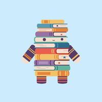 Stack of colorful books arranged to form a robot shape with arms and legs on blue background illustration vector