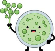Cute green algae cell cartoon character holding algae branch illustration with smiling face and black limbs vector