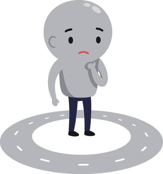 pensativo gris personaje en pie en circular la carretera con incierto expresión ilustración vector