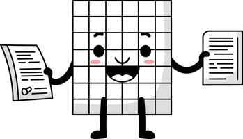 Cartoon grid character holding documents with smiling face and arms in simple style vector