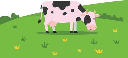 Cow grazing on green grass field with small plants and bushes in simple illustration style vector