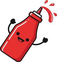 Red ketchup bottle with happy face and splashing sauce illustration in cute style vector