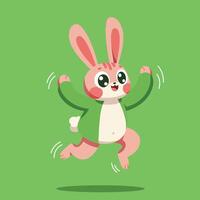 Happy cartoon rabbit jumping in green jacket with lively expression on green background illustration vector