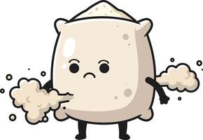 Cute cartoon flour sack character with angry expression and dust clouds illustration vector