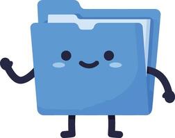 Blue smiling folder character with arms and legs waving hand illustration for digital organization and file management vector
