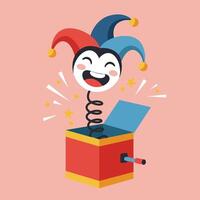 Jack in the box toy with jester hat and happy face on pink background illustration vector