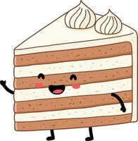 Cute happy cartoon slice of layered cake with frosting and smiling face illustration vector