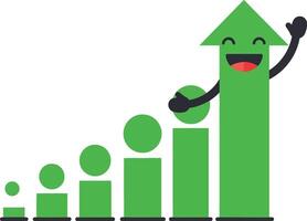 Happy green arrow growing bar chart showing success and progress in business and finance illustration vector