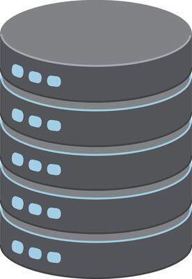Data storage server tower icon with blue indicator lights in gray flat illustration