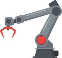 Industrial robotic arm with red gripper used for automated manufacturing and assembly processes in factories and industries vector