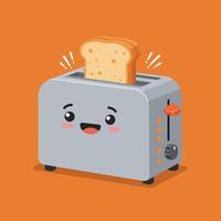 Cute smiling toaster cartoon with toasted bread popping up on orange background illustration vector