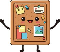 Cute happy cork bulletin board character with colorful pins and notes illustration with smiling face and arms vector