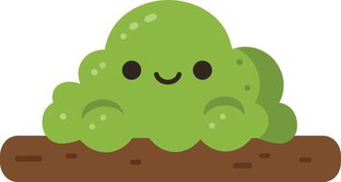 Cute green moss cartoon illustration with happy face on brown log surface smiling nature object vector