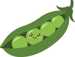 Cute green peas in pod with smiling face illustration for food and nature design elements vector