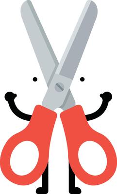 Scissors character with red handles and happy face illustration for crafting and office use