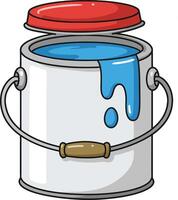 Open paint can with blue paint dripping and red lid illustration in simple style vector
