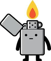 Cute cartoon character lighter with open lid and burning flame illustration in simple style vector