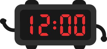 Digital alarm clock showing twelve oclock with arms in simple cartoon style illustration vector