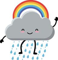 Cute smiling rain cloud with colorful rainbow and raindrops illustration for weather and nature themes vector