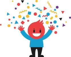 Cartoon character with red flame head celebrating with colorful confetti and joyful expression illustration vector