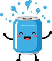 Happy blue soda can cartoon character with bubbles and joyful expression illustration vector
