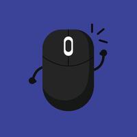 Black Computer Mouse Cartoon Character with Raised Arm on Blue Background Illustration vector