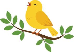 Yellow bird singing perched on green leafy branch illustration in simple flat style vector