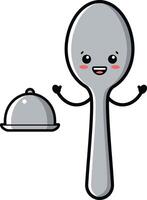 Cute smiling spoon character holding cloche tray illustration with happy expression and rosy cheeks vector