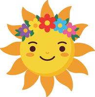 Smiling sun with colorful flower crown illustration design in cheerful style vector
