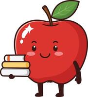 Red apple with smiling face holding stack of books cute cartoon illustration vector
