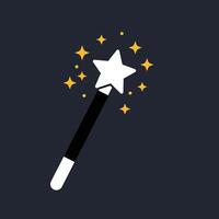 Magic wand with white star and yellow sparkles on dark background illustration for fantasy and creativity themes vector