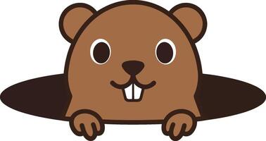 Groundhog cartoon peeking out of hole simple illustration with brown colors and playful expression vector