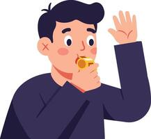 Man blowing whistle signaling or calling attention with raised hand in illustration vector