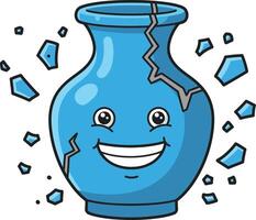 Blue cracked smiling ceramic vase breaking into shards illustration with happy face expression vector