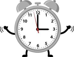 Animated classic alarm clock with arms and legs showing time in cheerful style illustration vector