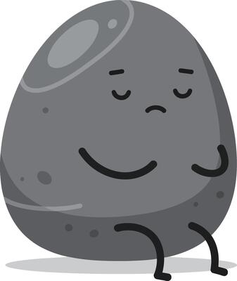 Relaxed cartoon gray stone character sitting with eyes closed and smiling illustration