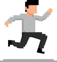 Pixel art style running man character jumping in midair with dynamic motion and shadow illustration vector