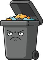 Angry gray trash bin with open lid filled with colorful garbage illustration vector