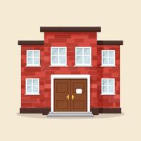 Red brick school building front view with brown doors and white window frames illustration vector